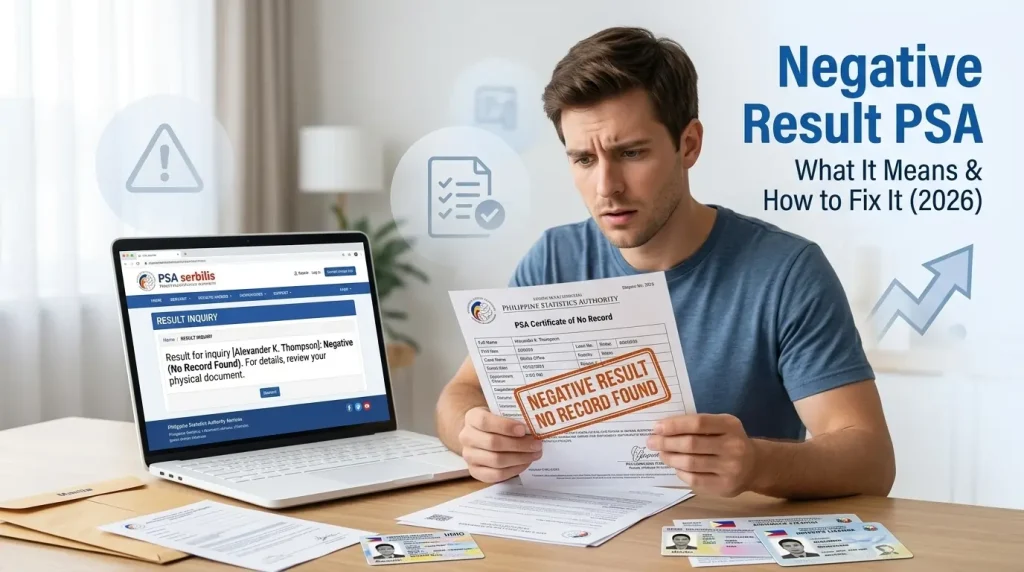 concerned-man-reviewing-a-psa-negative-result-from-the-philippine-statistics-authority-with-labeled-icons-for-typing-error-data-mismatch-processing-delay-missing-records-and-late-registration-as-potential-causes-on-a-desk-with-a-laptop-and-ids