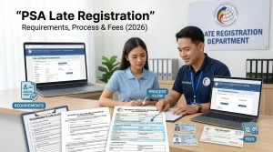 man-and-woman-reviewing-psa-late-registration-documents-at-office-desk-with-laptops-displaying-official-services-portal-showing-requirements-checklist-affidavit-of-delayed-registration-valid-ids-and-fee-payment-receipt-infographic-2026