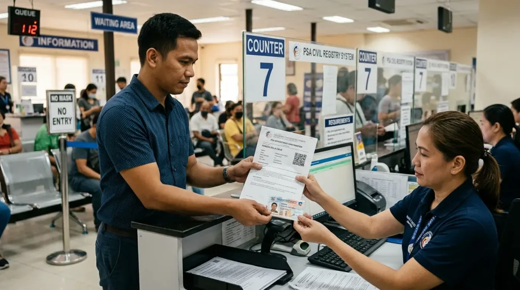 filipino-man-submitting-appointment-confirmation-and-valid-id-to-staff-at-psa-civil-registry-system-counter-7-featuring-waiting-area-and-information-desk-in-background-at-official-government-office-2026-guide