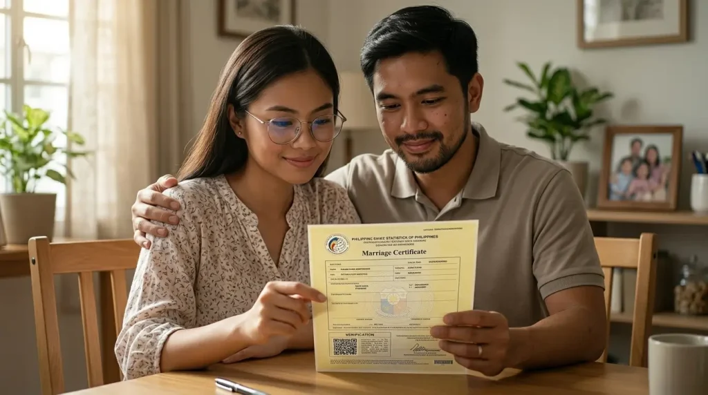 a-young-smiling-couple-sitting-together-at-a-wooden-table-while-holding-and-reviewing-their-official-philippine-marriage-certificate-in-a-warmly-lit-home-setting