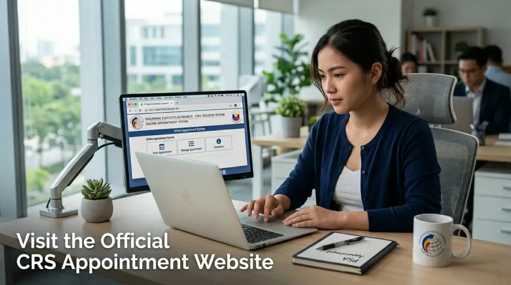 woman-sitting-at-a-desk-in-a-modern-office-using-a-laptop-and-external-monitor-to-visit-the-philippine-statistics-authority-civil-registry-system-online-appointment-website-with-a-notebook-and-mug-nearby