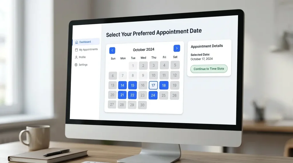 modern-computer-monitor-on-a-wooden-desk-displaying-a-digital-calendar-interface-for-selecting-an-appointment-date-in-october-2024-with-a-sidebar-menu-and-a-coffee-mug-and-notebook-in-the-background