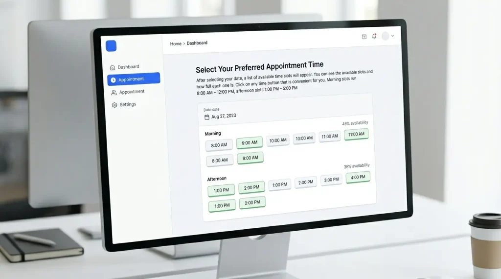 modern-office-desk-setup-featuring-a-computer-monitor-displaying-an-online-appointment-scheduling-dashboard-with-morning-and-afternoon-time-slots-on-august-27-2023-surrounded-by-a-notebook-pen-and-coffee-cup