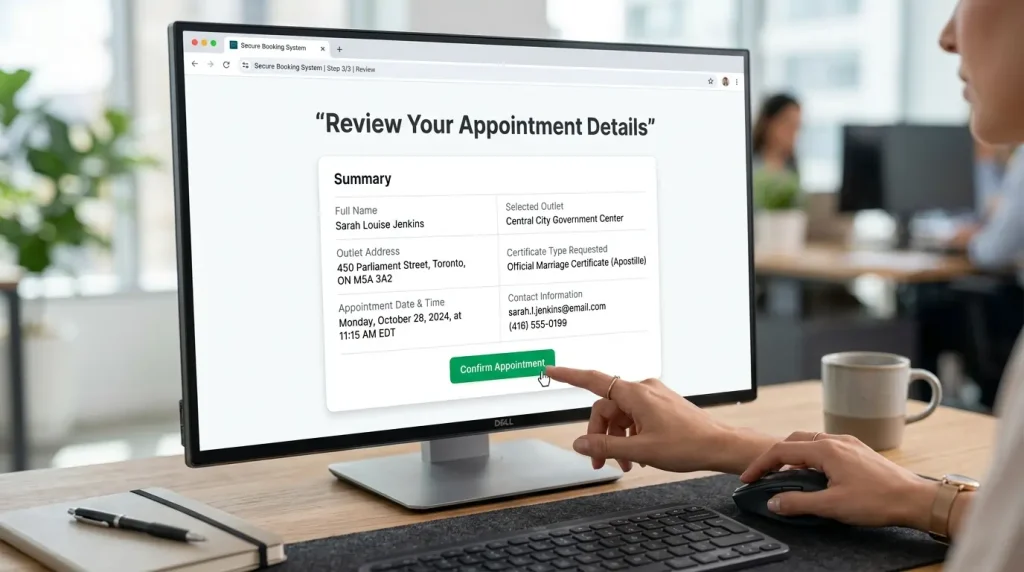 close-up-of-a-person-pointing-at-a-computer-screen-displaying-an-appointment-summary-page-titled-review-your-appointment-details-showing-personal-information-and-a-green-confirm-appointment-button-in-a-professional-office-environment