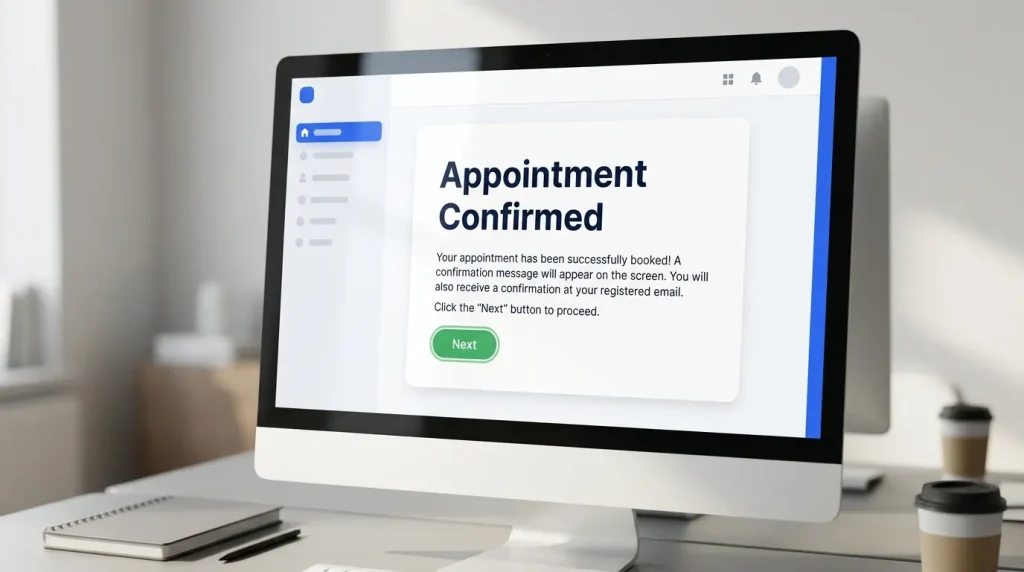 a-desktop-computer-monitor-on-a-white-desk-displaying-an-appointment-confirmed-message-on-a-government-web-portal-with-a-notebook-and-coffee-cups-nearby