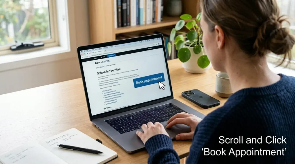 woman-sitting-at-a-wooden-desk-using-a-laptop-to-access-a-government-services-website-titled-schedule-your-visit-with-a-cursor-hovering-over-a-large-blue-book-appointment-button-in-a-bright-home-office-setting-with-a-potted-plant-and-notebooks-nearby
