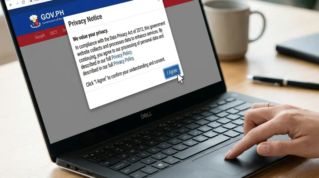 close-up-of-a-person-using-a-laptop-to-interact-with-a-privacy-notice-pop-up-on-the-official-government-of-the-philippines-website-with-a-cursor-hovering-over-the-i-agree-button-on-a-wooden-desk-setup