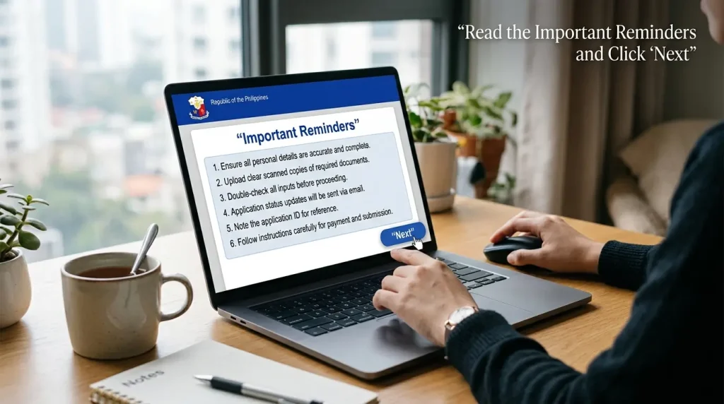 person-using-a-laptop-on-a-wooden-desk-to-read-important-reminders-on-a-government-application-portal-screen-with-a-blue-next-button-beside-a-coffee-mug-and-potted-plants-overlooking-a-cityscape