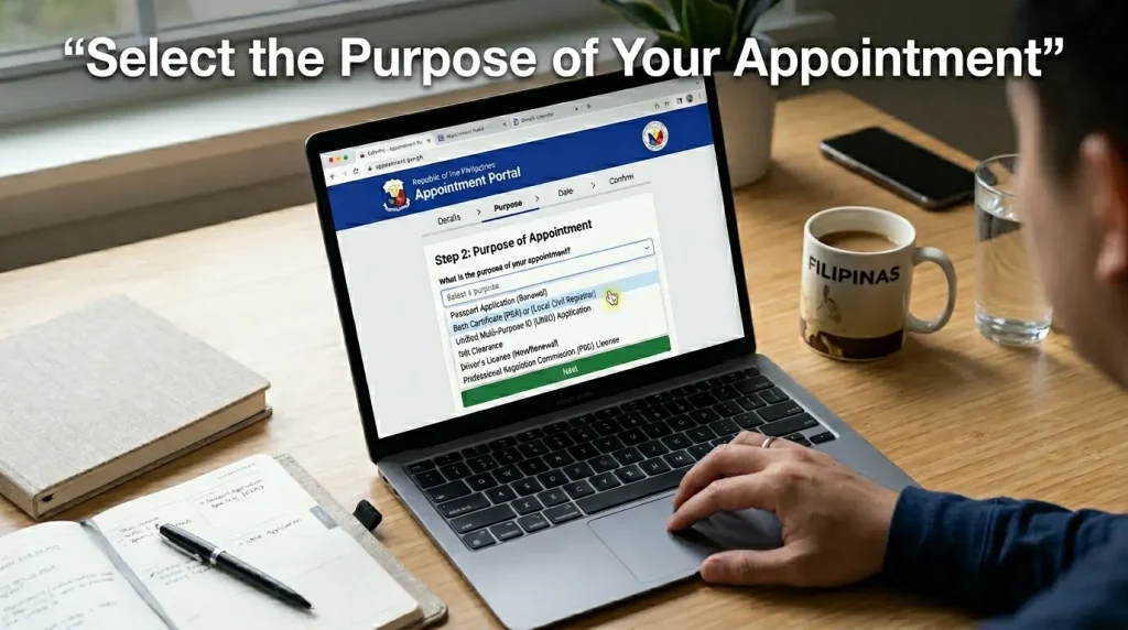 man-using-a-laptop-on-a-wooden-desk-to-access-a-government-appointment-portal-selecting-the-purpose-of-appointment-from-a-dropdown-menu-with-a-coffee-mug-and-notebooks-nearby