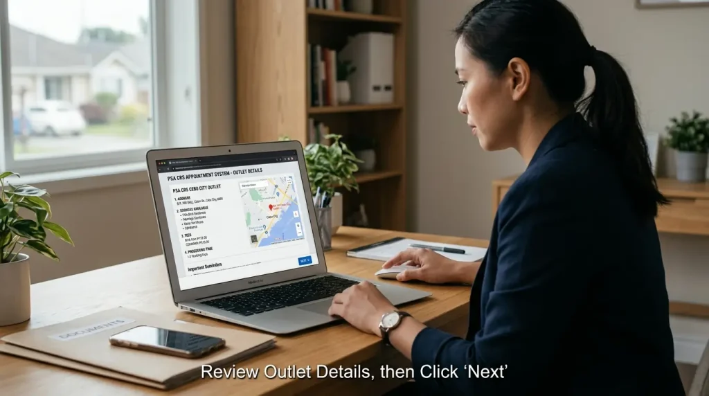 woman-in-a-professional-outfit-sitting-at-a-wooden-desk-using-a-laptop-to-review-outlet-details-on-an-appointment-system-screen-featuring-a-map-and-location-information-with-potted-plants-and-bookshelves-in-the-background