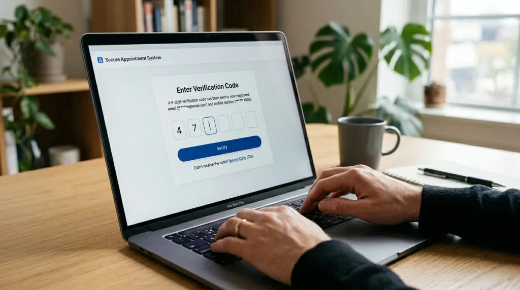 person-typing-on-a-laptop-at-a-wooden-desk-showing-a-secure-appointment-system-verification-code-entry-screen-with-plants-and-a-coffee-mug-in-a-bright-home-office-setting