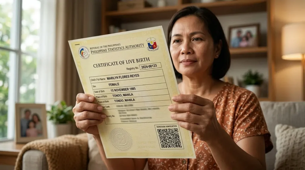 a-middle-aged-woman-sitting-on-a-sofa-carefully-holding-and-reading-an-official-certificate-of-live-birth-issued-by-the-philippine-statistics-authority-in-a-home-setting