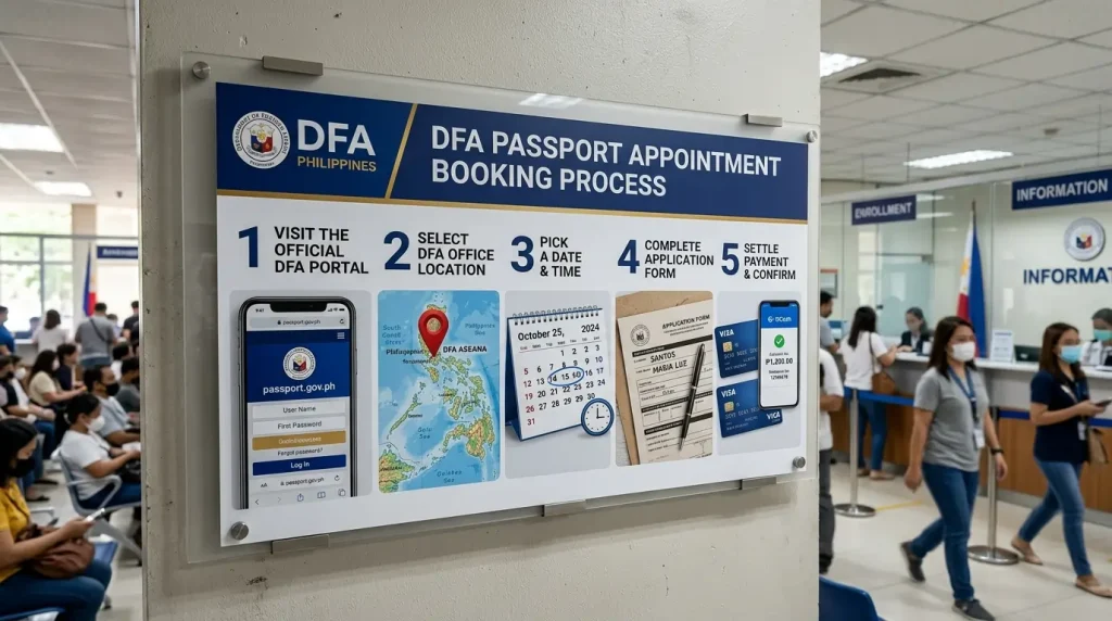 a-sign-at-a-dfa-office-outlining-the-five-step-dfa-passport-appointment-booking-process-with-icons-and-text-in-a-public-waiting-area