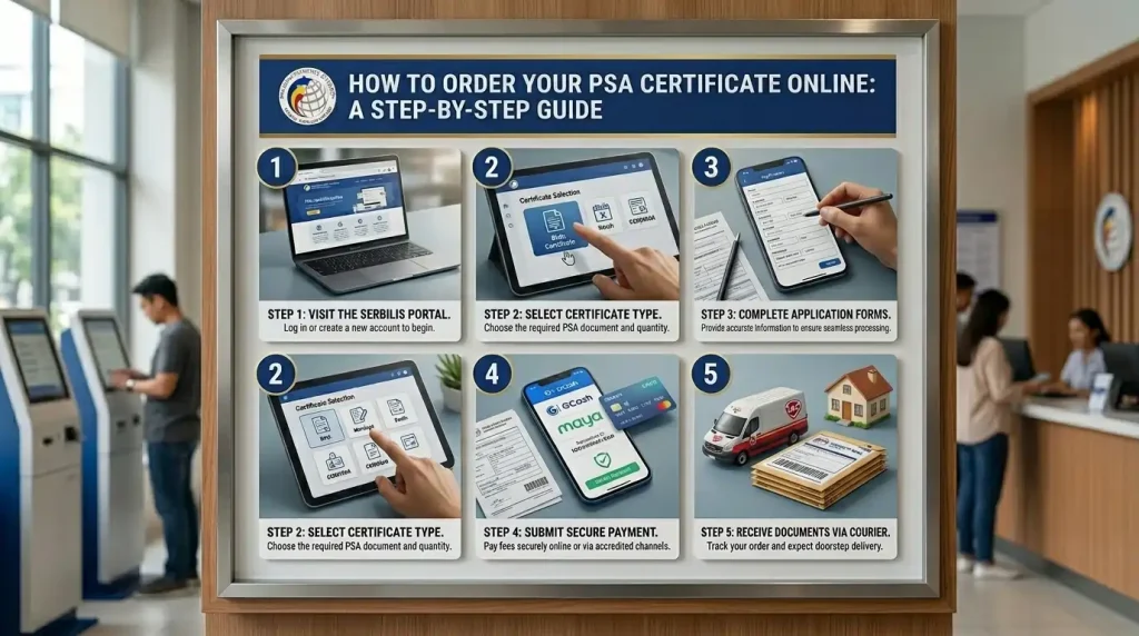 a-framed-poster-on-a-wall-displaying-a-step-by-step-guide-on-how-to-order-a-psa-certificate-online-featuring-illustrations-for-portal-visit-document-selection-form-completion-payment-and-courier-delivery