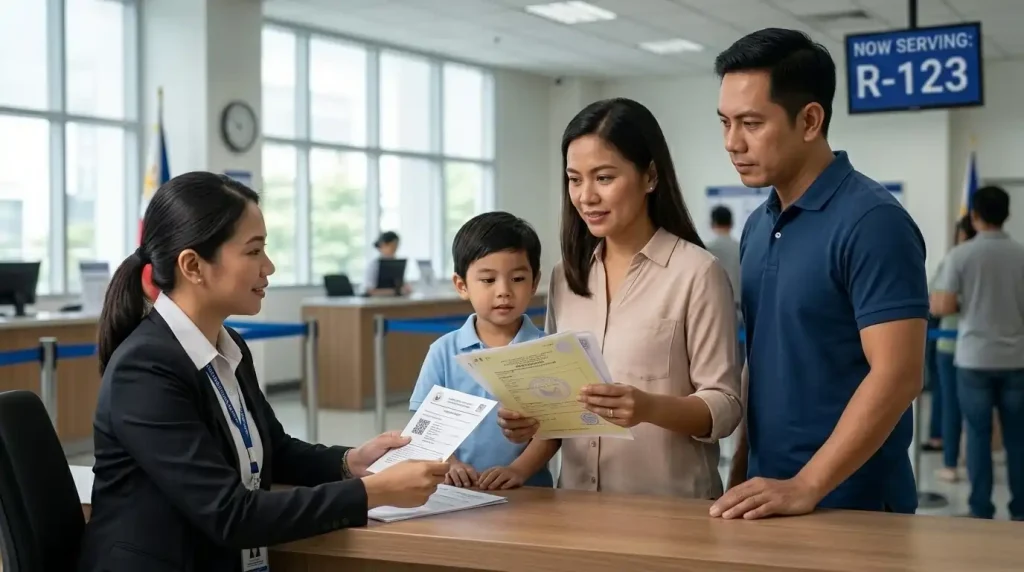 a-family-with-a-young-child-standing-at-a-service-counter-while-a-female-staff-member-reviews-their-documents-in-a-government-office-setting