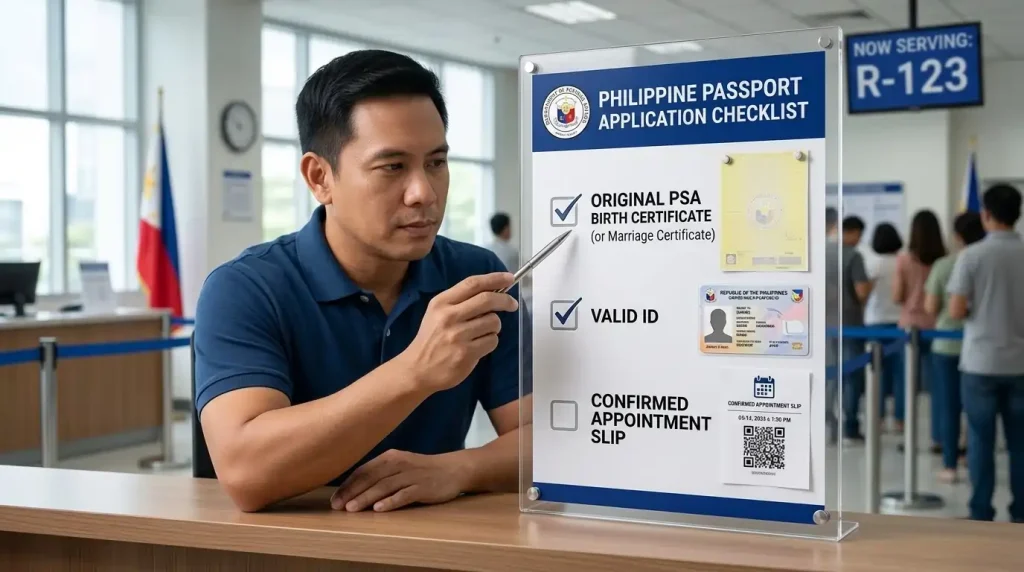 a-man-pointing-to-a-philippine-passport-application-checklist-sign-that-lists-requirements-like-a-psa-birth-certificate-valid-id-and-appointment-slip