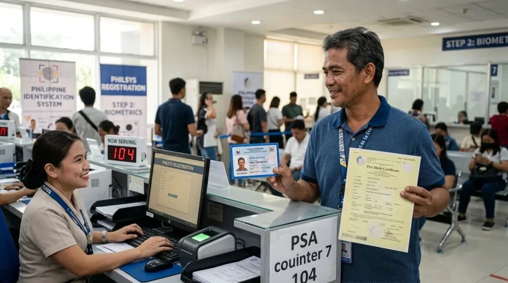 a-man-standing-at-a-registration-counter-holding-up-an-id-card-and-a-birth-certificate-while-smiling-at-a-staff-member-in-a-philippine-identification-system-office