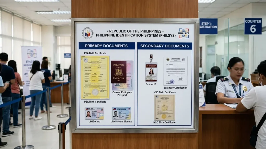 official-philsys-identification-system-signboard-displaying-primary-and-secondary-documents-including-psa-birth-certificate-philippine-passport-umid-card-and-driver-license-versus-school-id-and-nso-birth-certificate-at-a-government-registration-office-2026-guide