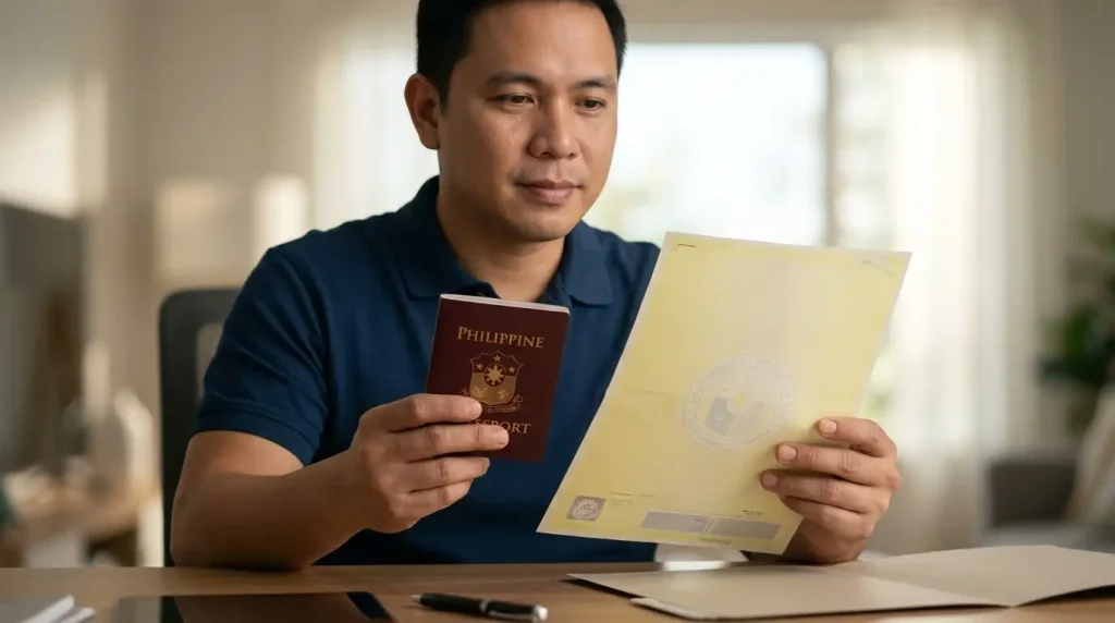 a-man-sitting-at-a-desk-holding-a-philippine-passport-in-one-hand-and-carefully-reviewing-a-yellowish-document-likely-a-birth-certificate-in-a-home-office-setting
