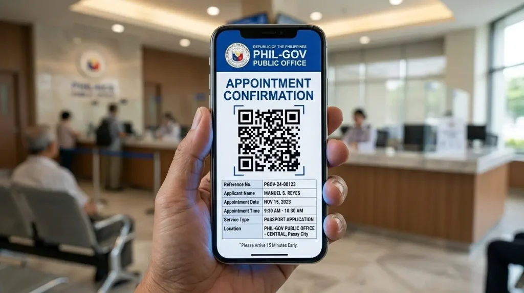 a-hand-holding-a-smartphone-displaying-a-phil-gov-appointment-confirmation-with-a-qr-code-and-applicant-details-set-against-a-blurred-government-office-lobby-background