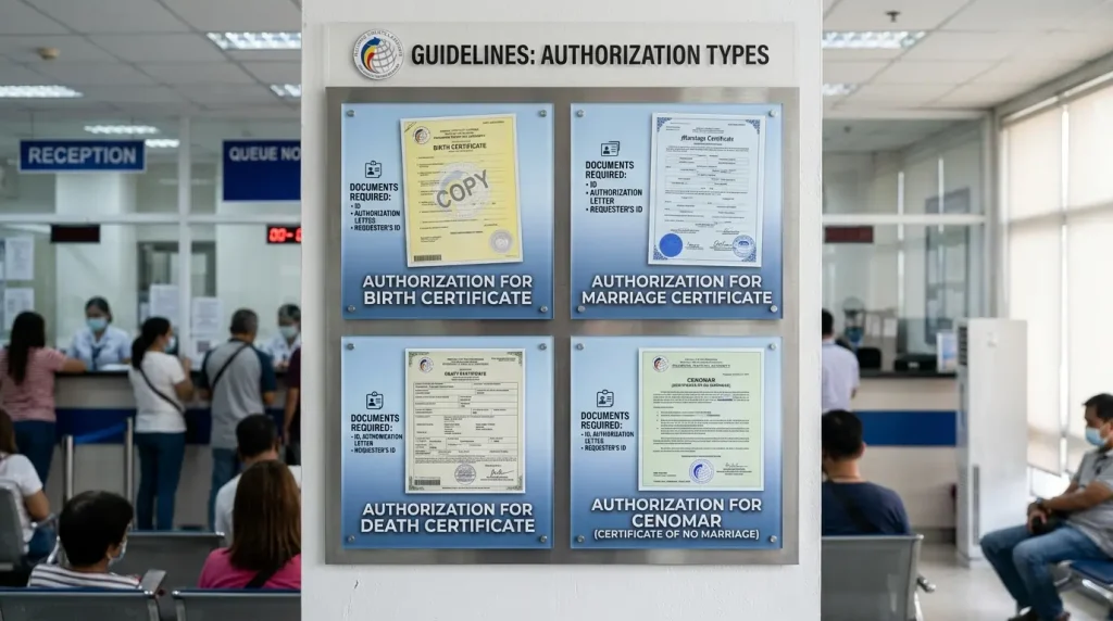 official-psa-guidelines-infographic-on-office-wall-displaying-authorization-types-for-birth-marriage-death-and-cenomar-certificates-listing-required-documents-like-valid-id-and-authorization-letter-with-reception-and-queue-area-in-background-2026-guide