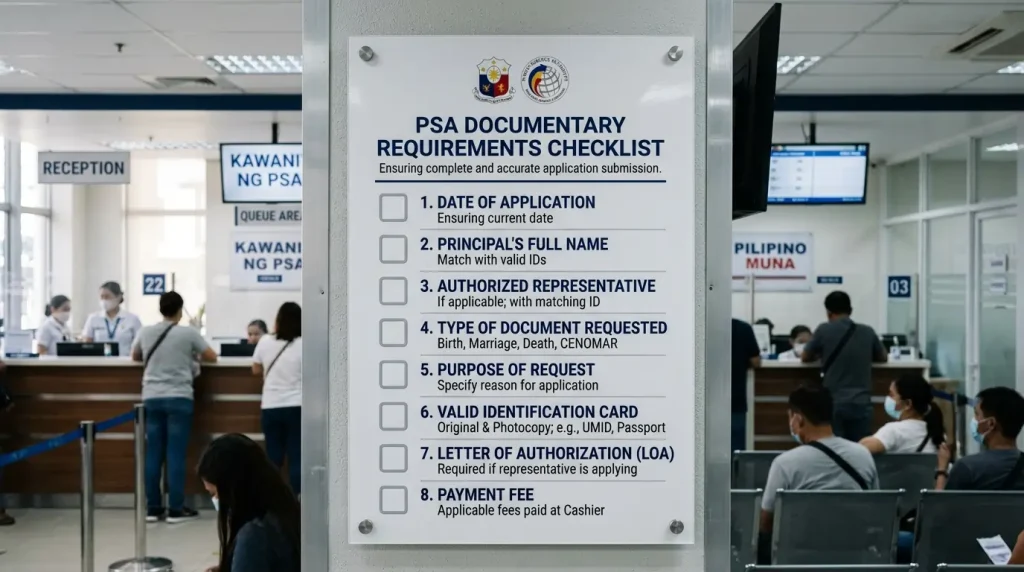 official-psa-documentary-requirements-checklist-on-office-wall-listing-steps-for-application-including-date-full-name-authorized-representative-document-type-purpose-valid-id-letter-of-authorization-and-payment-fee-with-reception-counter-in-background-2026-guide