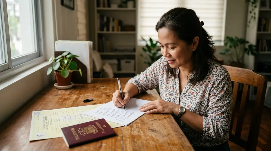 filipino-woman-writing-an-authorization-letter-at-a-wooden-desk-with-a-philippine-passport-and-psa-birth-certificate-document-to-request-civil-registry-records-in-2026-guide