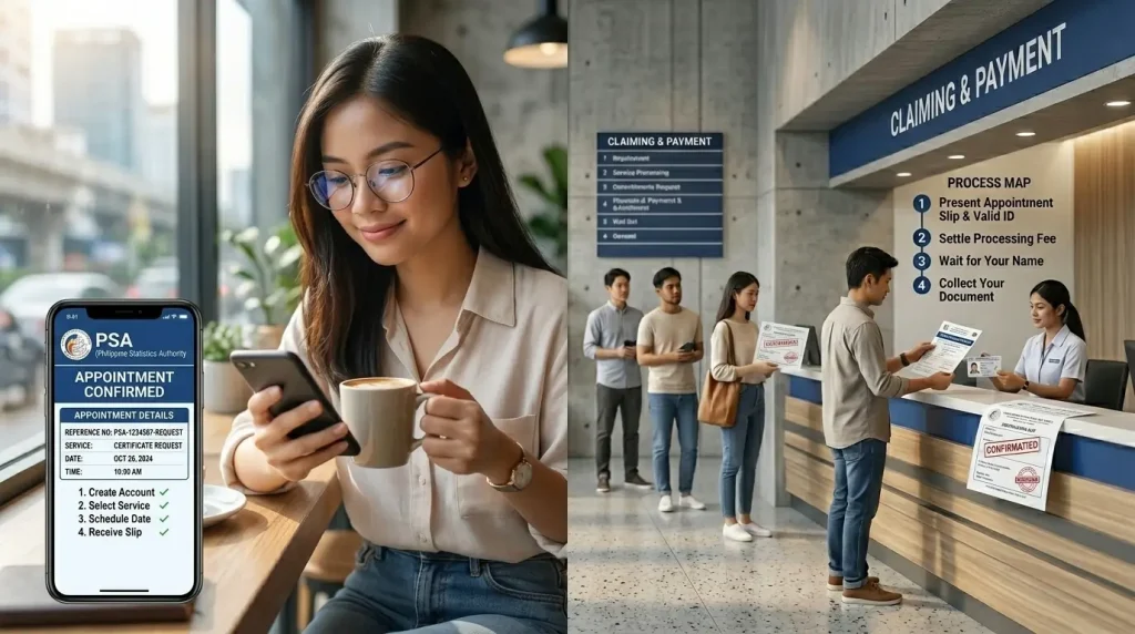 a-split-image-showing-a-woman-in-a-cafe-holding-a-phone-with-a-psa-appointment-confirmation-on-the-left-and-a-line-of-people-at-a-claiming-and-payment-counter-in-a-government-office-on-the-right