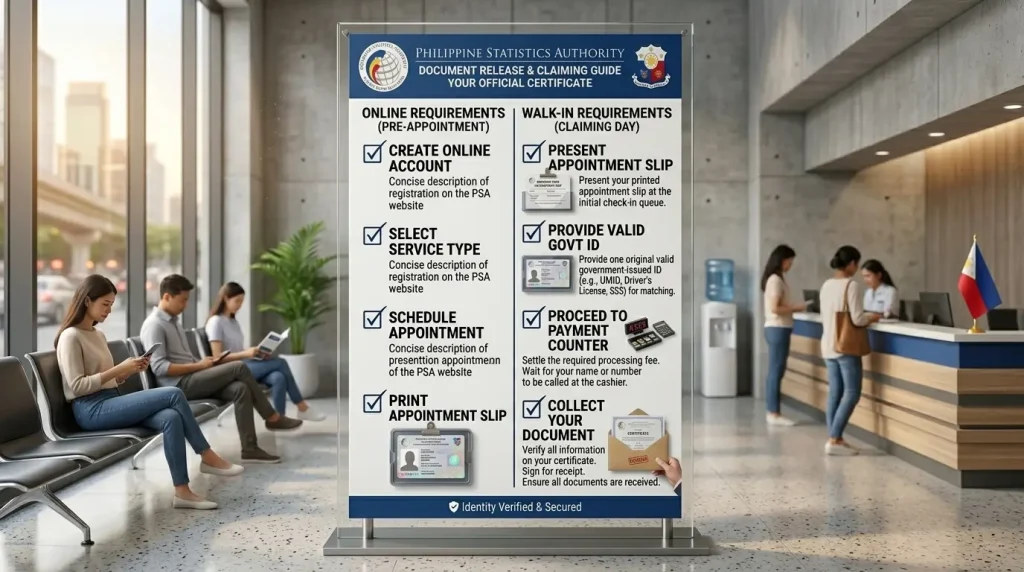 a-large-informational-banner-in-a-government-office-lobby-outlining-the-online-and-walk-in-requirements-for-claiming-official-certificates-from-the-philippine-statistics-authority