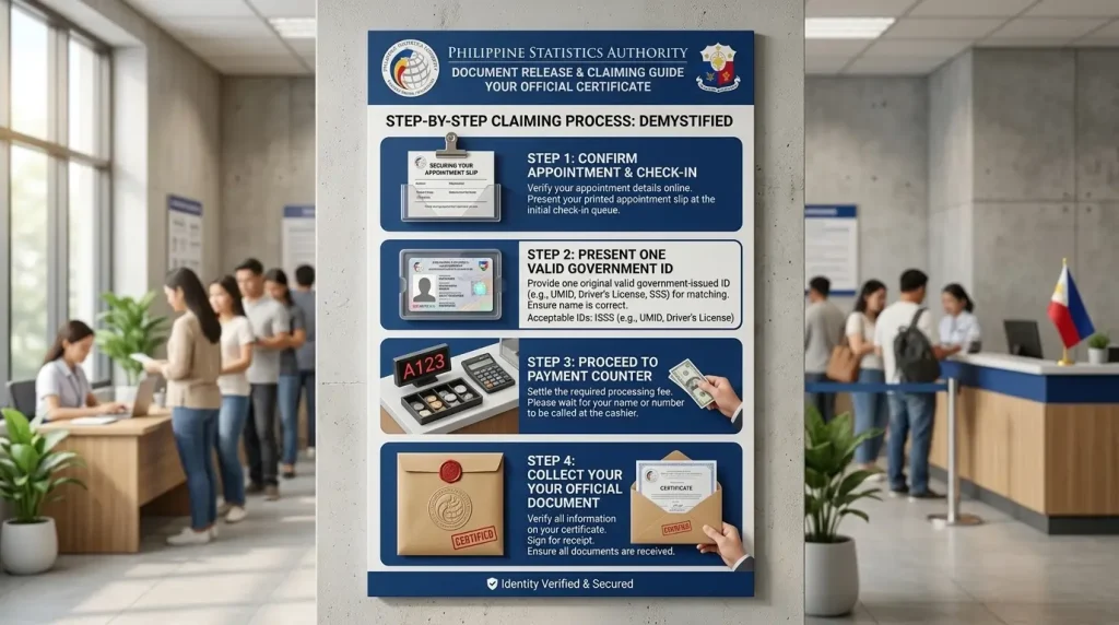 a-step-by-step-claiming-process-infographic-poster-on-a-pillar-in-a-philippine-statistics-authority-office-detailing-the-four-steps-to-collect-an-official-certificate