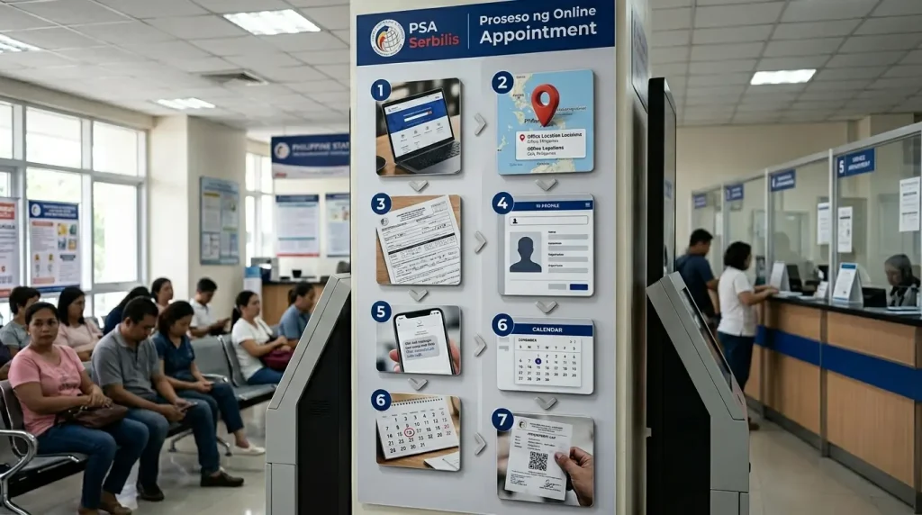 official-psa-serbilis-online-appointment-process-infographic-on-office-pillar-displaying-seven-steps-including-website-access-location-selection-form-filling-profile-setup-verification-calendar-booking-and-confirmation-receipt-with-waiting-area-and-service-counters-2026-guide