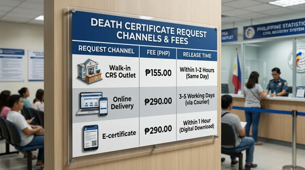 infographic-table-displaying-death-certificate-request-channels-and-fees-for-2026-showing-options-for-walk-in-crs-outlet-online-delivery-and-e-certificate-with-corresponding-prices-in-philippine-pesos-and-estimated-release-times-at-a-psa-office-setting