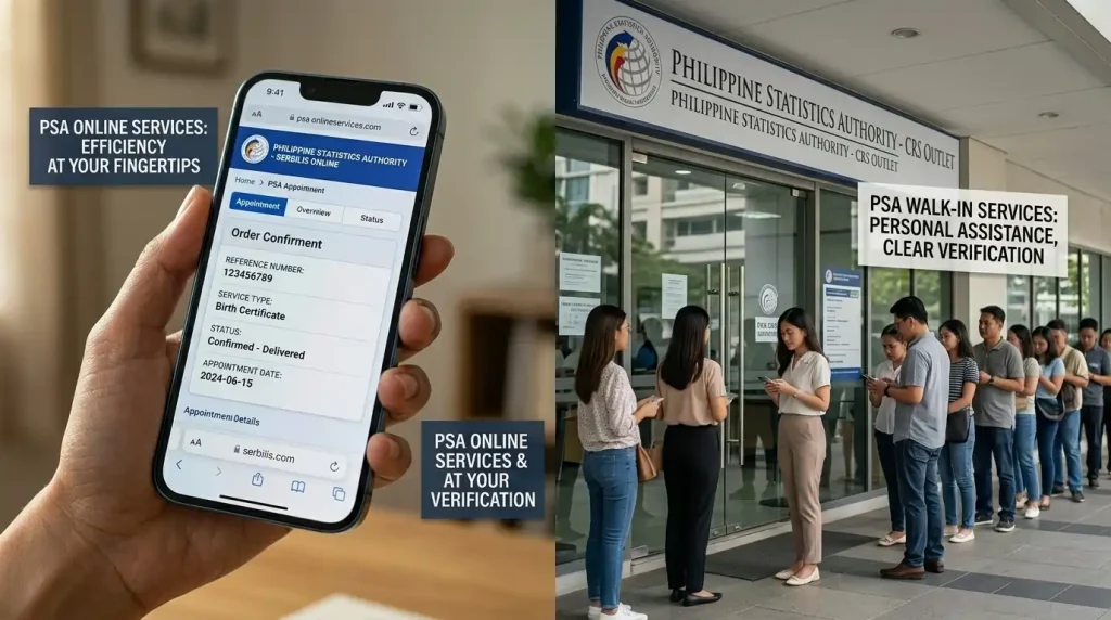 a-split-image-showing-a-smartphone-displaying-a-psa-online-order-confirmation-on-the-left-and-a-line-of-people-waiting-outside-a-philippine-statistics-authority-crs-outlet-on-the-right