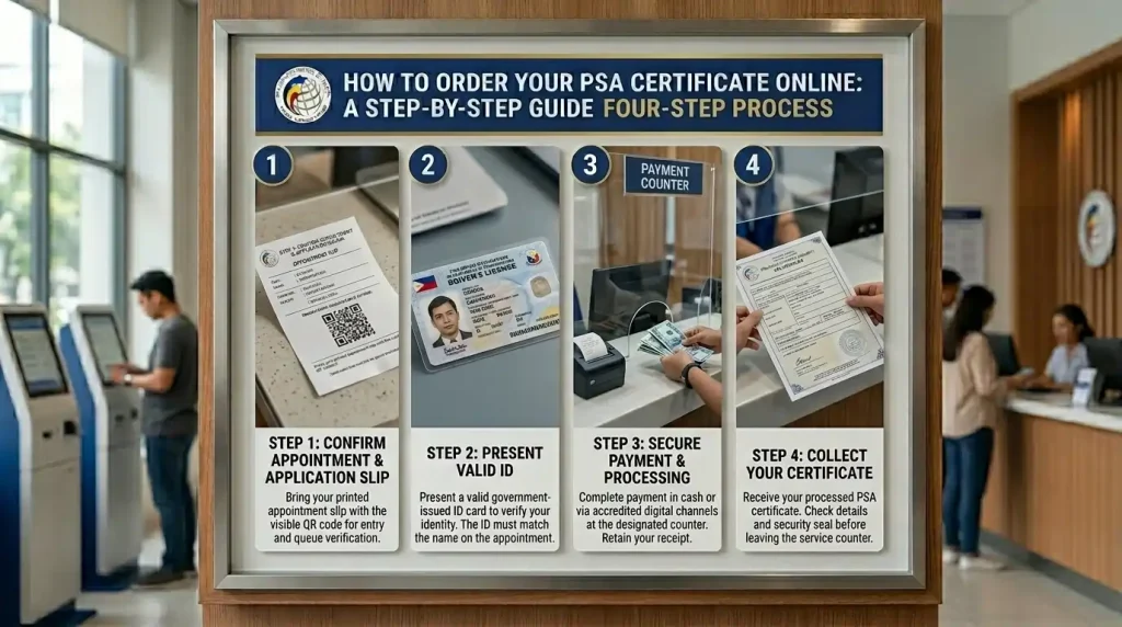 a-framed-infographic-on-a-wall-explaining-a-four-step-process-to-order-a-psa-certificate-online-with-illustrations-for-appointment-confirmation-valid-id-payment-and-collection