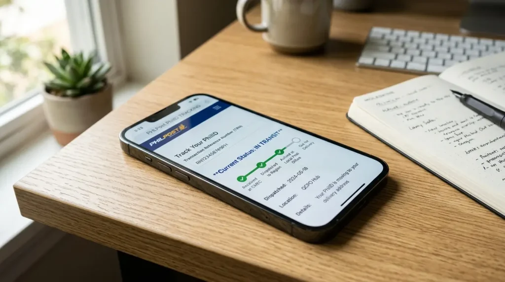 smartphone-on-wooden-desk-displaying-philpost-tracking-page-for-philippine-id-showing-current-status-in-transit-with-progress-bar-dispatched-date-and-location-details-next-to-a-notebook-and-pen-2026-guide