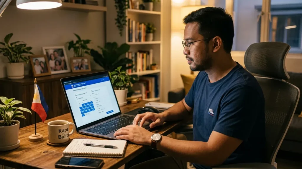 a-man-wearing-glasses-sitting-at-a-desk-using-a-laptop-to-book-an-online-appointment-on-a-government-portal-in-a-well-lit-home-office-with-a-philippine-flag-and-coffee-cup