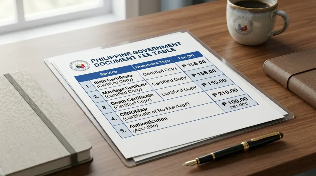 a-printed-philippine-government-document-fee-table-on-a-wooden-desk-listing-costs-for-birth-marriage-and-death-certificates-cenomar-and-authentication-services-next-to-a-pen-and-coffee-cup