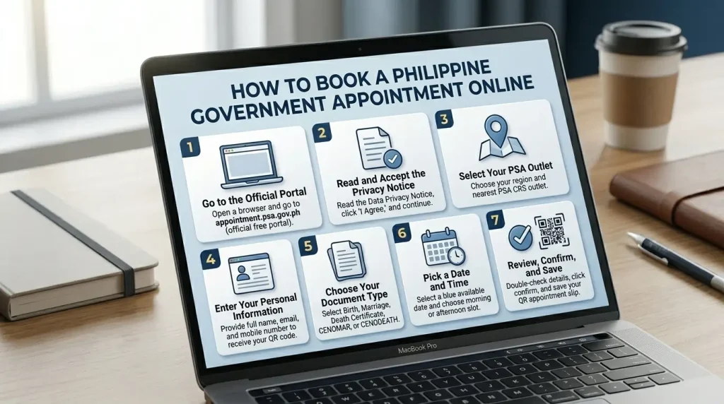 a-laptop-screen-displaying-a-seven-step-infographic-on-how-to-book-a-philippine-government-appointment-online-sitting-on-a-desk-with-a-notebook-and-coffee-cup