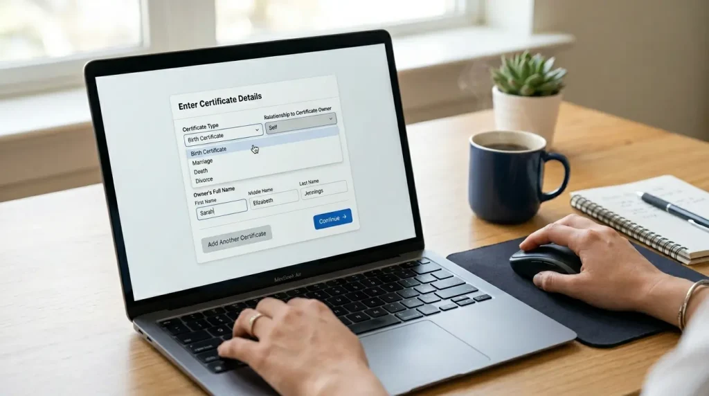 close-up-of-a-person-using-a-laptop-on-a-wooden-desk-to-fill-out-an-online-form-titled-enter-certificate-details-with-options-for-birth-marriage-death-and-divorce-certificates-beside-a-blue-coffee-mug-and-notebook