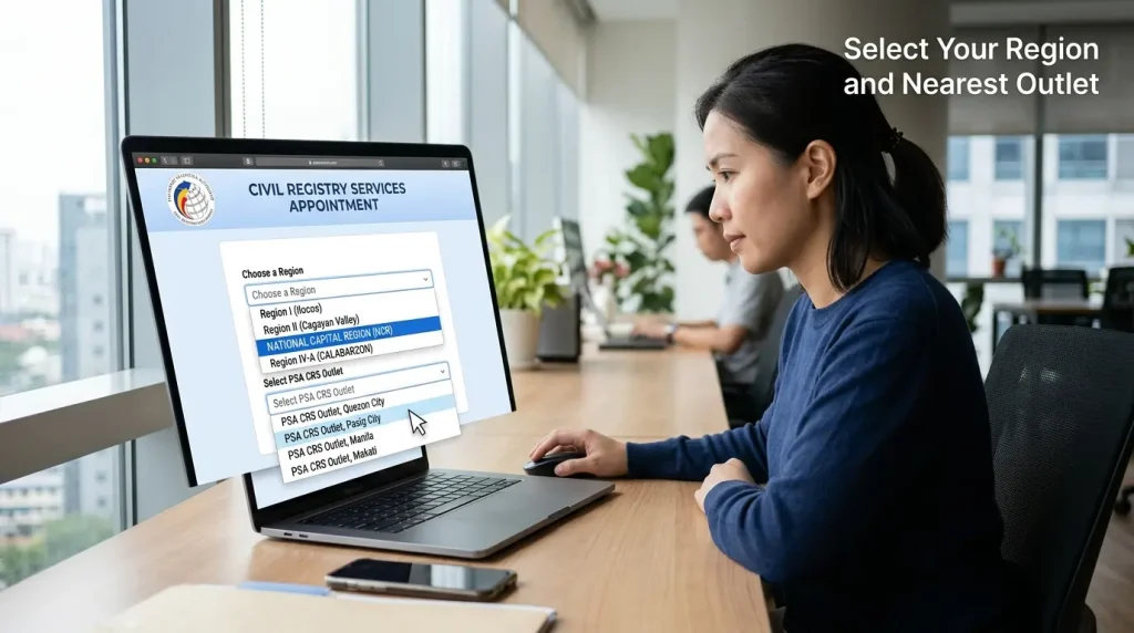 woman-sitting-at-a-long-wooden-desk-in-a-modern-office-using-a-laptop-to-navigate-the-civil-registry-services-appointment-website-with-drop-down-menus-for-selecting-a-region-and-nearest-outlet-while-overlooking-a-city-view